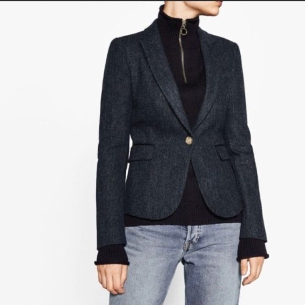 Zara Basic Blue Herringbone Lined Blazer With Elbow Pads Sz M